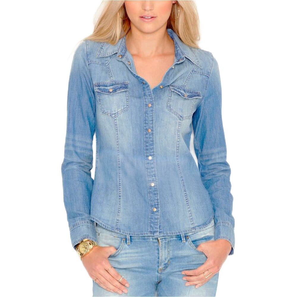 GUESS  Blue Denim Snap Front Western Shirt Large Coastal Cowgirl Long Sleeve